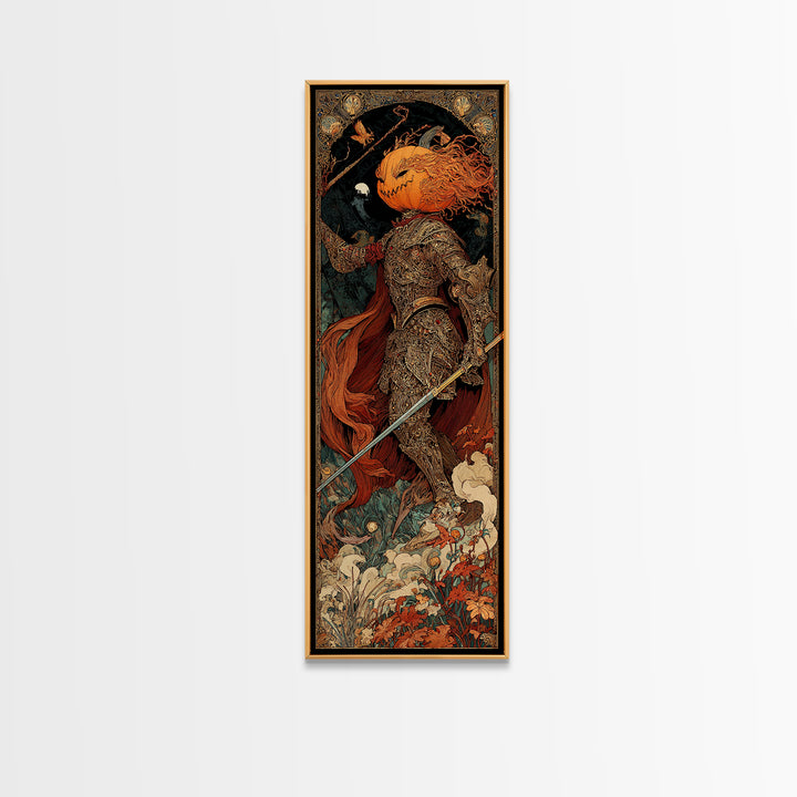 The Pumpkin Paladin, Stained Glass Gothic Art, Tall Narrow Wall Art, Dark Fantasy Wall Art, Canvas Print, Halloween Wall Art