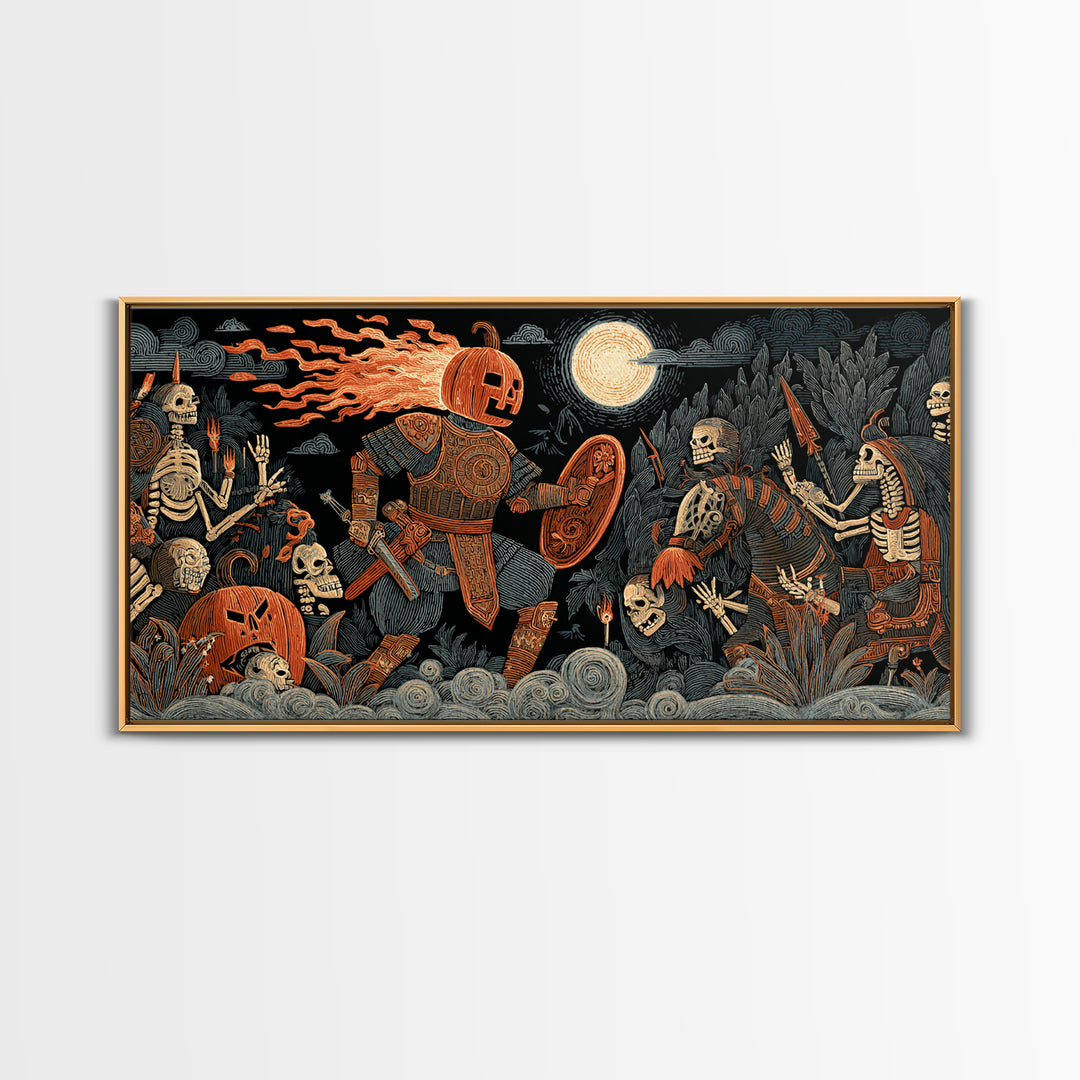 The Pumpkin Paladin, Macabre Folk Print Art, Wide Panoramic Art, Macabre Wall Art, Framed Canvas Print, Halloween Wall Art