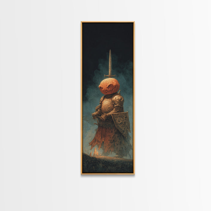 The Pumpkin Paladin, Surreal Apocalyptic Art, Tall Narrow Wall Art, Dark Fantasy Wall Art, Framed Canvas Print, Halloween Wall Art