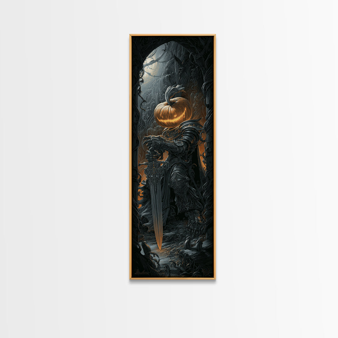 The Pumpkin Paladin, Biomechanical Horror Art, Tall Narrow Wall Art, Dark Fantasy Wall Art, Canvas Print, Halloween Wall Art
