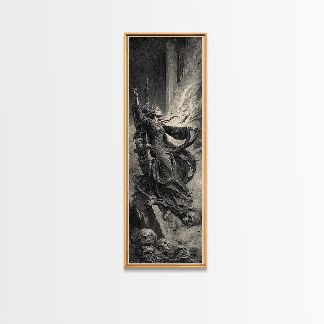 The Necromancer Queen, Gothic Engraving Art, Tall Narrow Wall Art, Dark Halloween Decor, Canvas Print, Halloween Wall Art