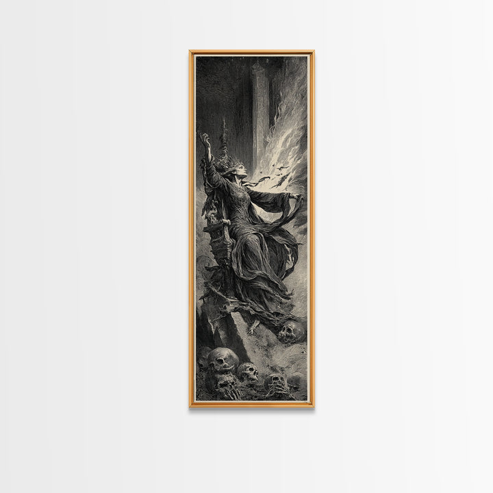 The Necromancer Queen, Gothic Engraving Art, Tall Narrow Wall Art, Dark Halloween Decor, Canvas Print, Halloween Wall Art