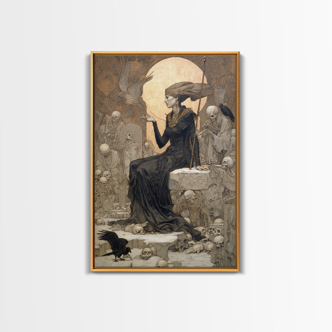 The Necromancer Queen, Symbolist Death Art, Vertical Wall Art, Dark Halloween Decor, Framed Canvas Print, Halloween Wall Art