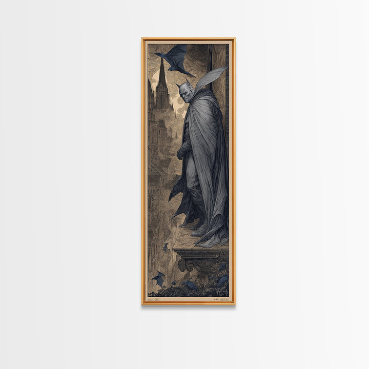 The Bat Prince, Gothic Engraving Art, Tall Narrow Wall Art, Dark Fantasy Wall Art, Framed Canvas Print, Halloween Wall Art
