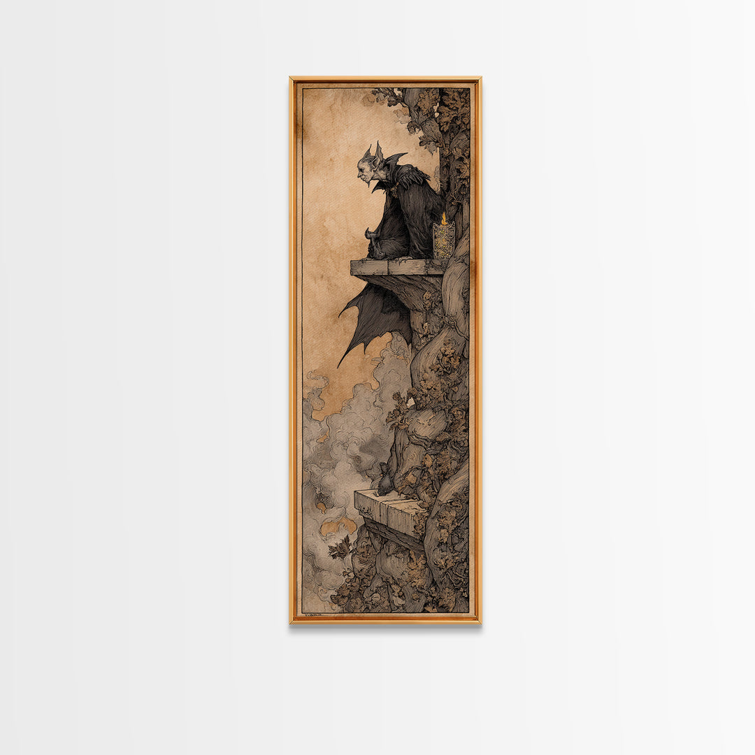 The Bat Prince, Gothic Storybook Art, Tall Narrow Wall Art, Macabre Wall Art, Framed Canvas Print, Halloween Wall Art