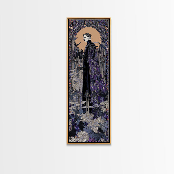 The Bat Prince, Stained Glass Gothic Art, Tall Narrow Wall Art, Macabre Wall Art, Framed Canvas Print, Halloween Wall Art