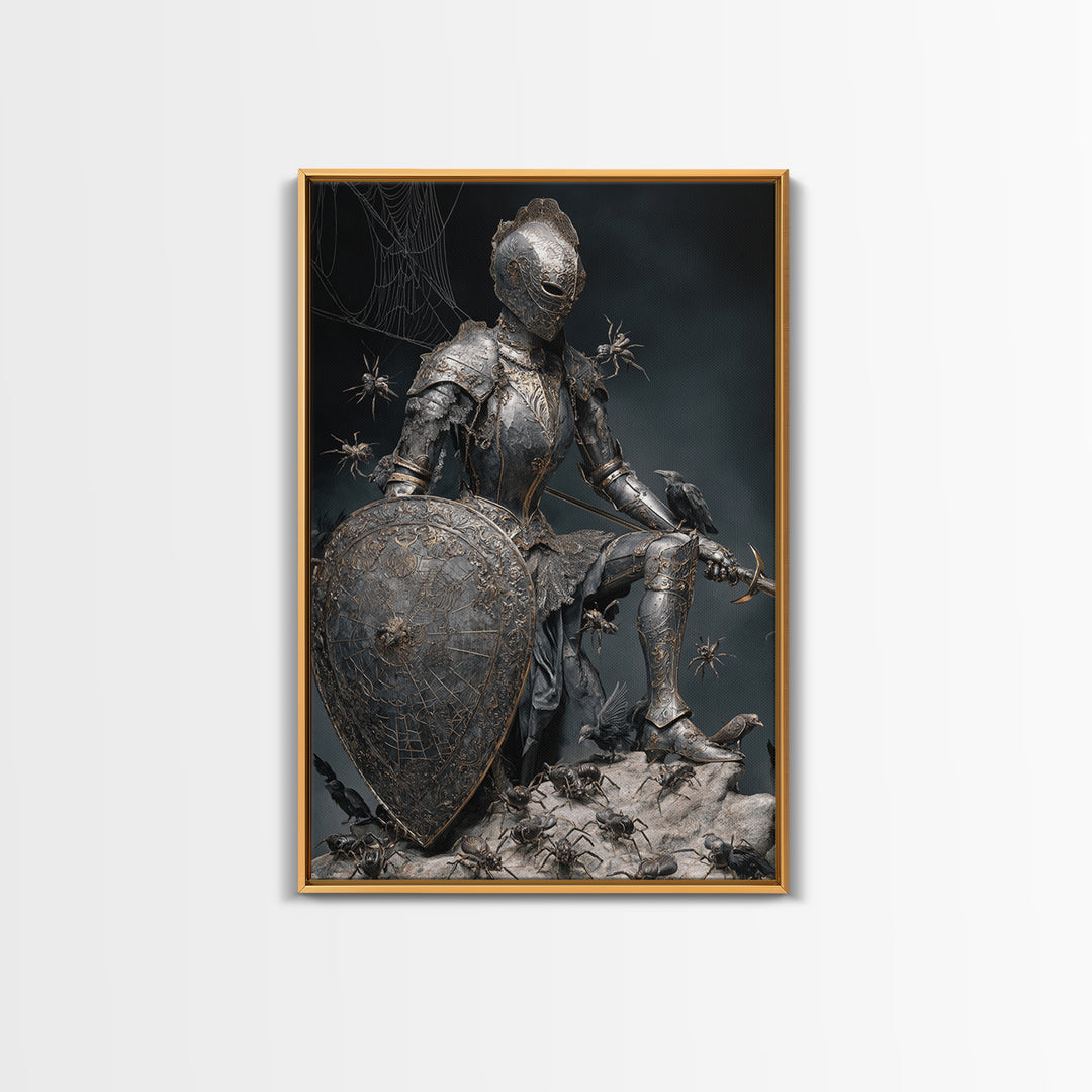 The Spider Knight, Visionary Gothic Art, Vertical Wall Art, Dark Halloween Decor, Framed Canvas Print, Halloween Wall Art
