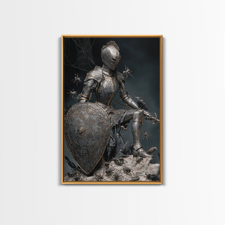 The Spider Knight, Visionary Gothic Art, Vertical Wall Art, Dark Halloween Decor, Framed Canvas Print, Halloween Wall Art