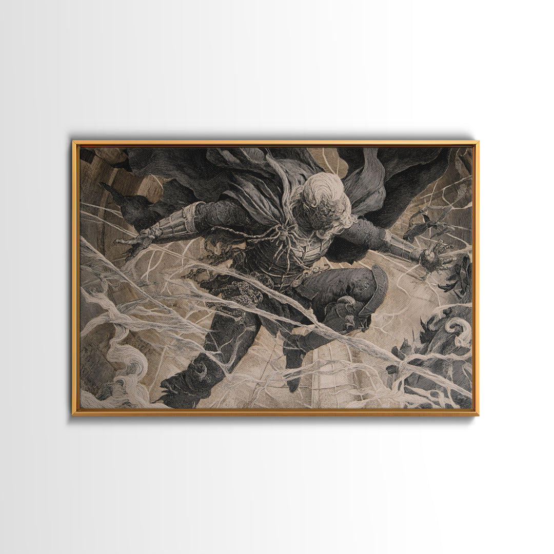 The Spider Knight, Architectural Etching Art, Landscape Wall Art, Macabre Wall Art, Framed Canvas Print, Halloween Wall Art