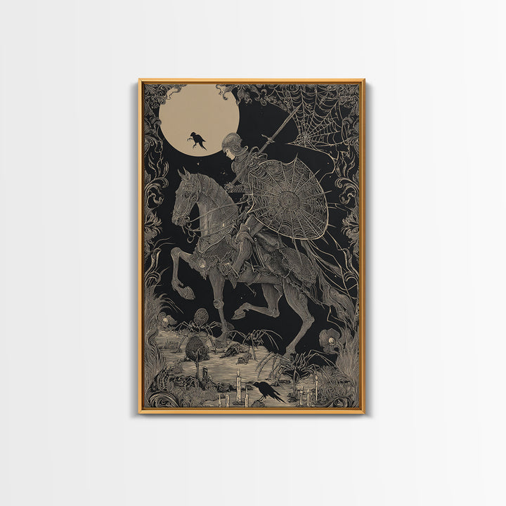 The Spider Knight, Decadent Line Art, Vertical Wall Art, Macabre Wall Art, Framed Canvas Print, Halloween Wall Art