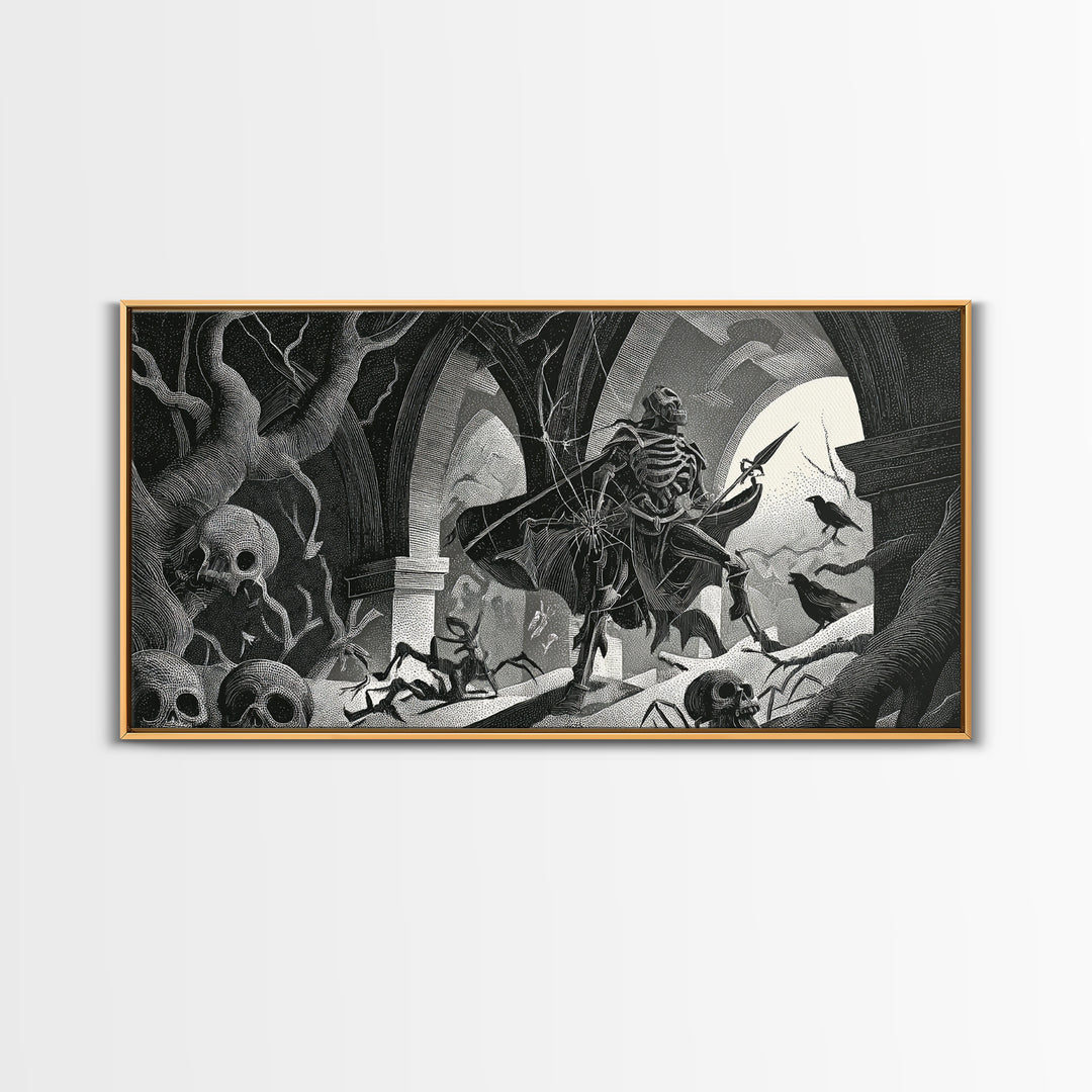 The Spider Knight, Macabre Folk Print Art, Wide Panoramic Art, Gothic Horror Wall Art, Framed Canvas Print, Halloween Wall Art