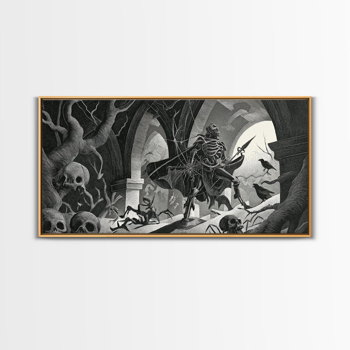 The Spider Knight, Macabre Folk Print Art, Wide Panoramic Art, Gothic Horror Wall Art, Framed Canvas Print, Halloween Wall Art