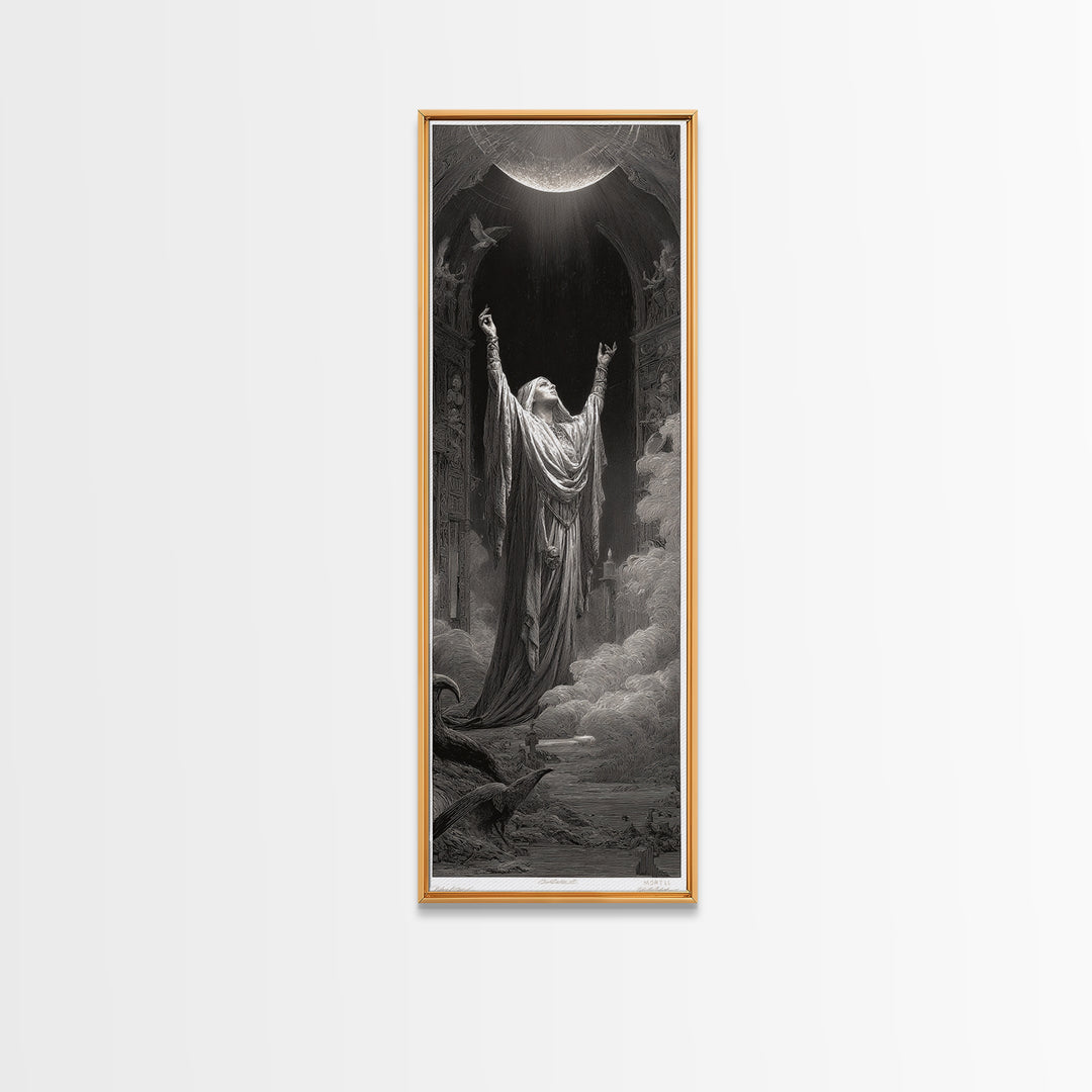 The Moon Priestess, Gothic Engraving Art, Tall Narrow Wall Art, Gothic Horror Wall Art, Canvas Print, Halloween Wall Art