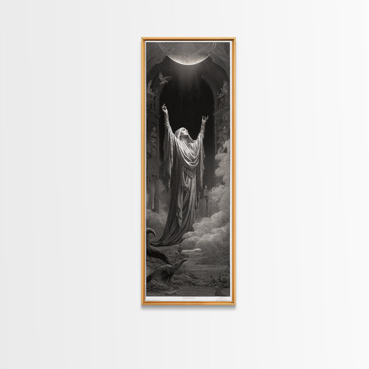 The Moon Priestess, Gothic Engraving Art, Tall Narrow Wall Art, Gothic Horror Wall Art, Canvas Print, Halloween Wall Art