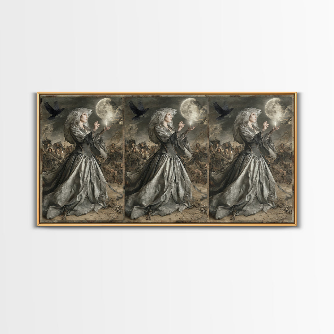 The Moon Priestess, Northern Renaissance Horror, Wide Panoramic Art, Macabre Wall Art, Framed Canvas Print, Halloween Wall Art