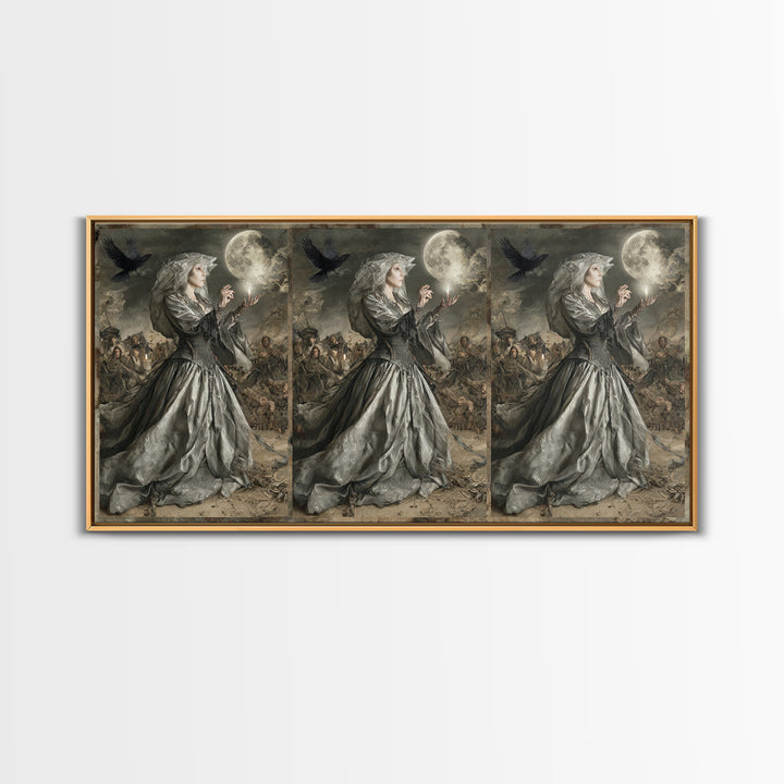 The Moon Priestess, Northern Renaissance Horror, Wide Panoramic Art, Macabre Wall Art, Framed Canvas Print, Halloween Wall Art