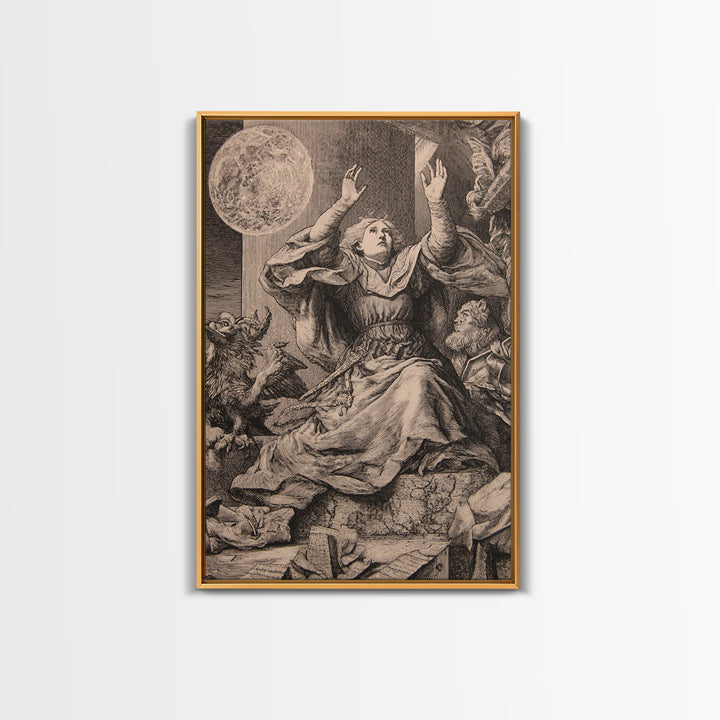 The Moon Priestess, Renaissance Engraving Art, Vertical Wall Art, Macabre Wall Art, Framed Canvas Print, Halloween Wall Art