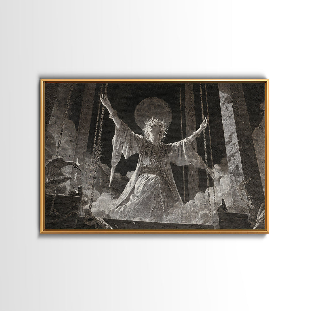 The Moon Priestess, Architectural Etching Art, Landscape Wall Art, Dark Fantasy Wall Art, Canvas Print, Halloween Wall Art