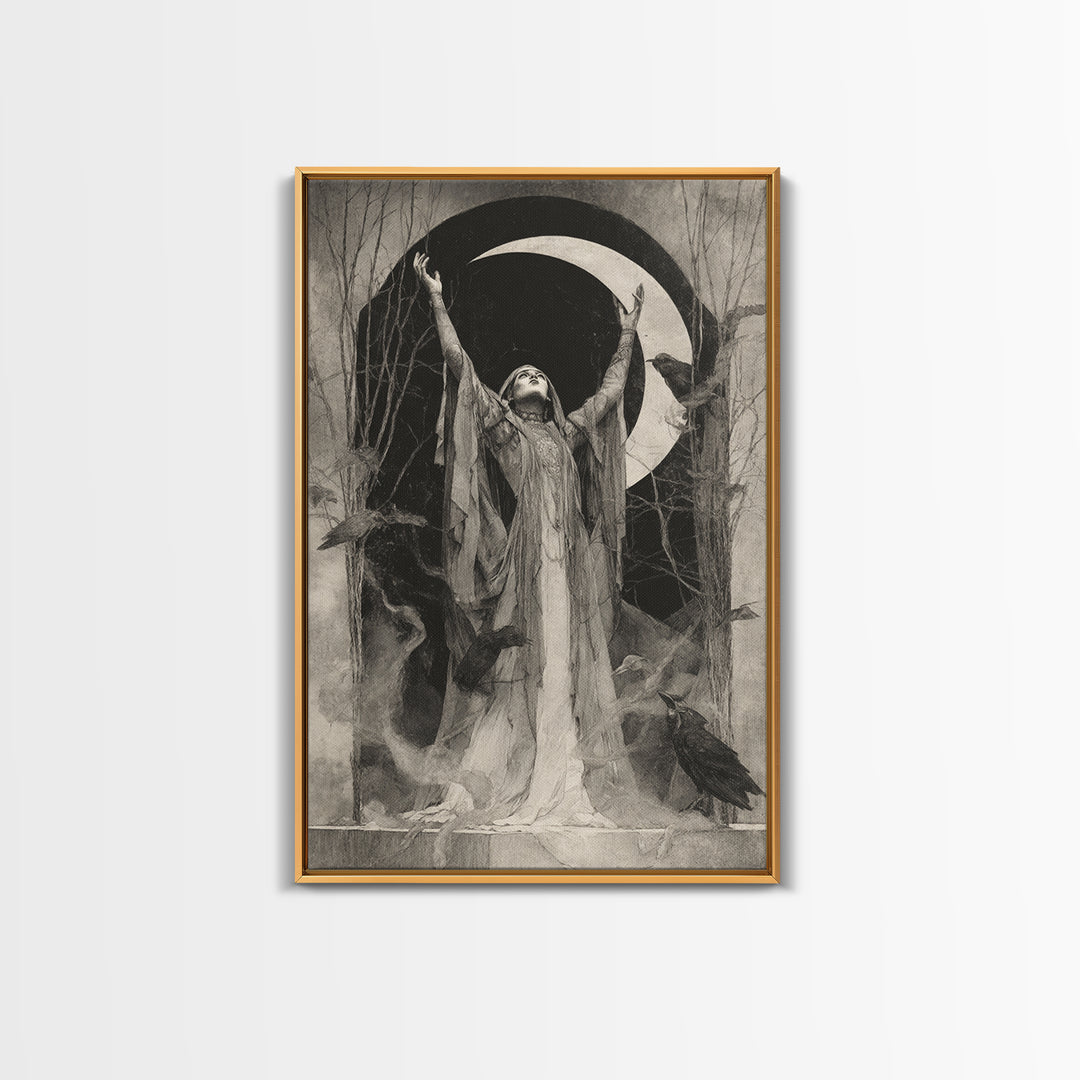 The Moon Priestess, Symbolist Dream Art, Vertical Wall Art, Macabre Wall Art, Framed Canvas Print, Halloween Wall Art