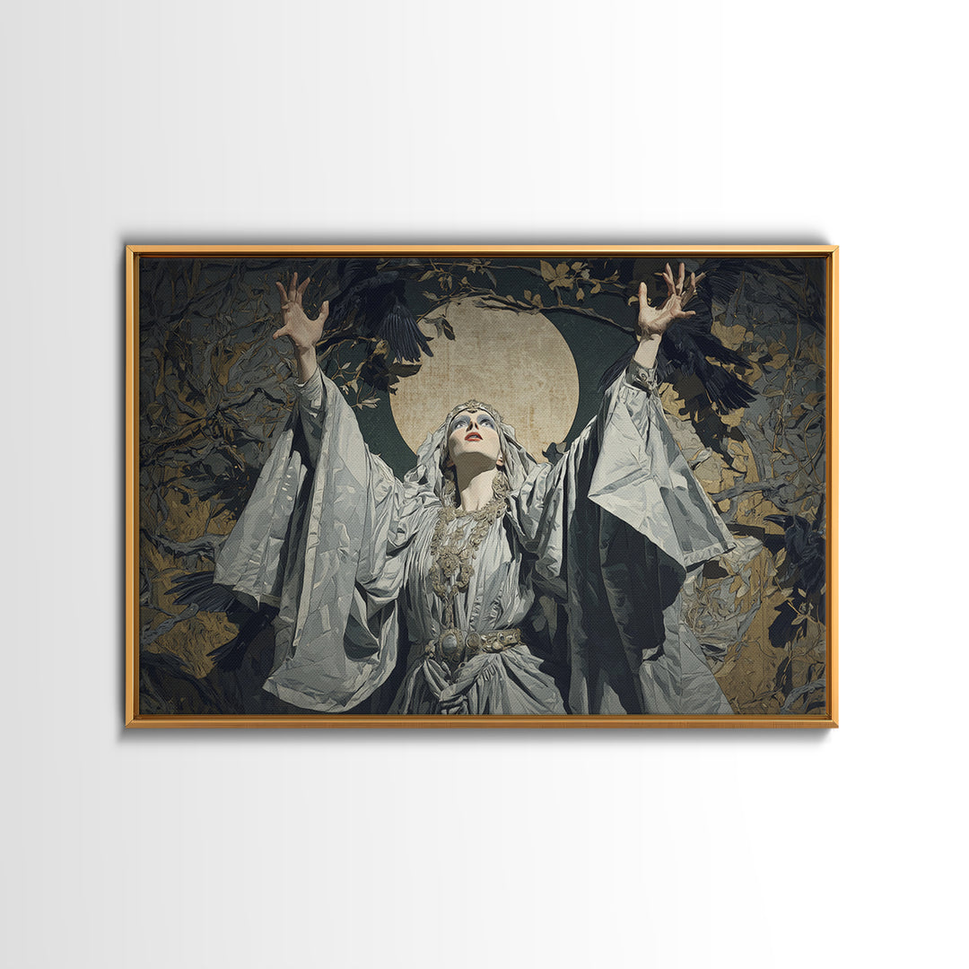 The Moon Priestess, Symbolist Etching Art, Landscape Wall Art, Dark Halloween Decor, Canvas Print, Halloween Wall Art