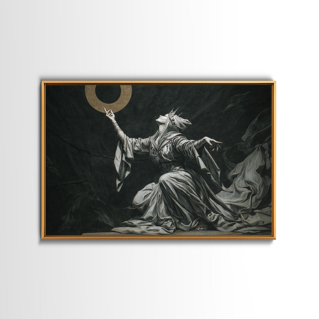 The Moon Priestess, Expressionist Nightmare Art, Landscape Wall Art, Dark Halloween Decor, Framed Canvas Print, Halloween Wall Art