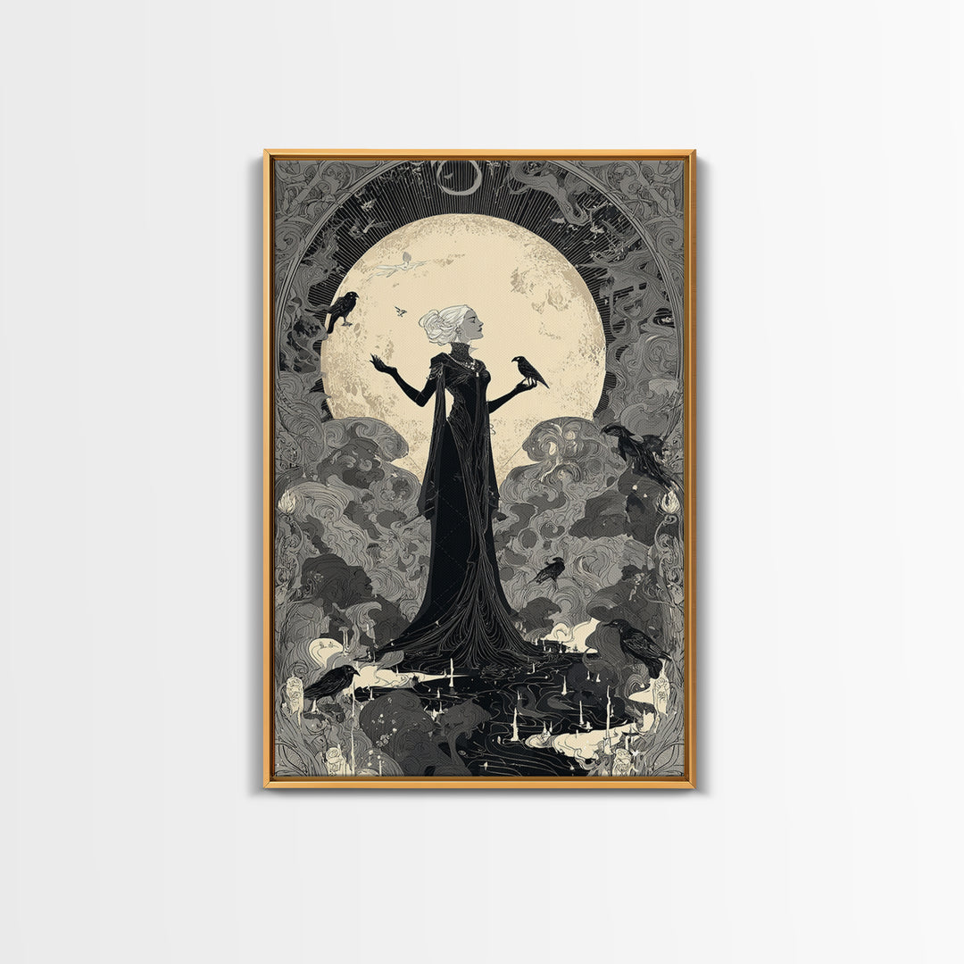 The Moon Priestess, Decadent Line Art, Vertical Wall Art, Gothic Horror Wall Art, Framed Canvas Print, Halloween Wall Art