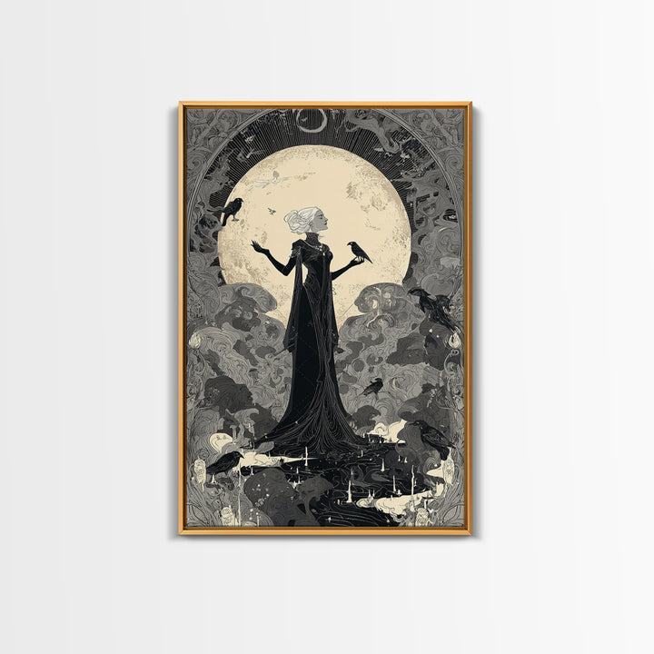 The Moon Priestess, Decadent Line Art, Vertical Wall Art, Gothic Horror Wall Art, Framed Canvas Print, Halloween Wall Art