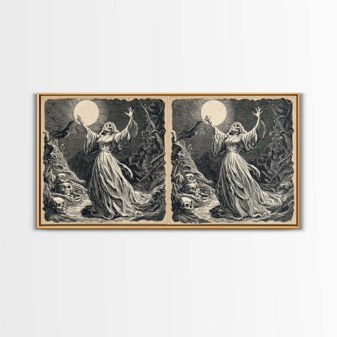 The Moon Priestess, Macabre Folk Print Art, Wide Panoramic Art, Macabre Wall Art, Canvas Print, Halloween Wall Art