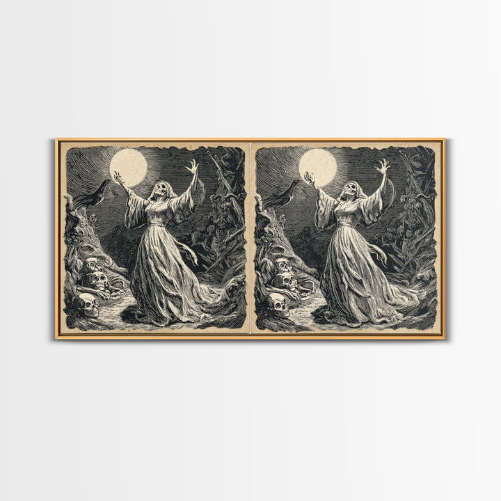 The Moon Priestess, Macabre Folk Print Art, Wide Panoramic Art, Macabre Wall Art, Canvas Print, Halloween Wall Art