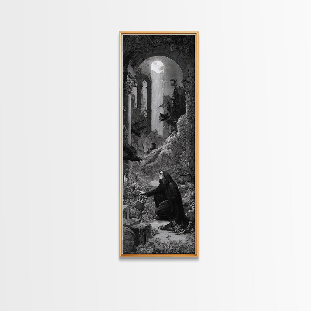 The Graveyard Gardener, Gothic Engraving Art, Tall Narrow Wall Art, Macabre Wall Art, Framed Canvas Print, Halloween Wall Art