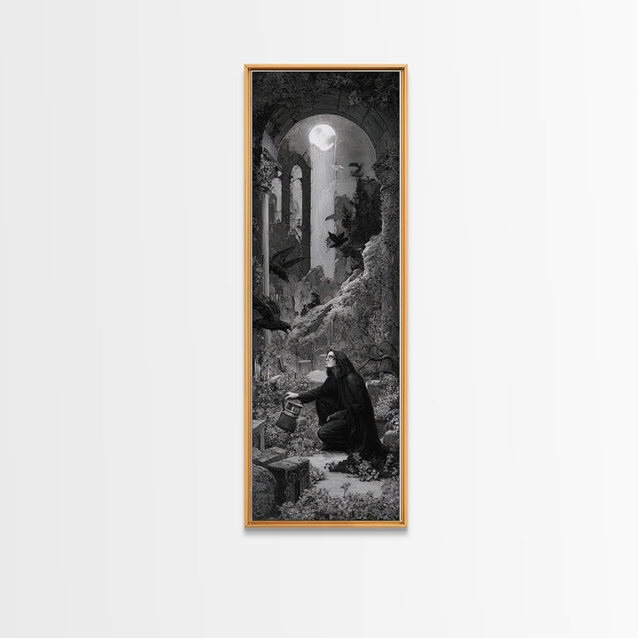 The Graveyard Gardener, Gothic Engraving Art, Tall Narrow Wall Art, Macabre Wall Art, Framed Canvas Print, Halloween Wall Art