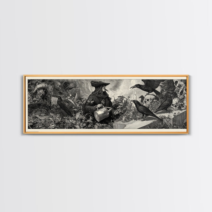 The Graveyard Gardener, Renaissance Engraving Art, Extra Wide Wall Art, Gothic Horror Wall Art, Canvas Print, Halloween Wall Art
