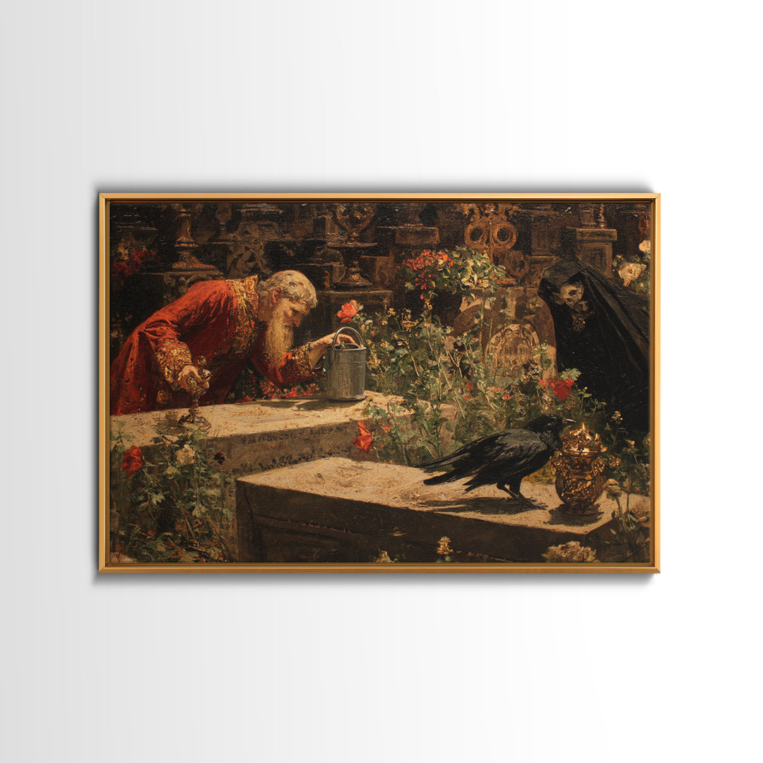 The Graveyard Gardener, Ornate Symbolist Art, Landscape Wall Art, Macabre Wall Art, Framed Canvas Print, Halloween Wall Art