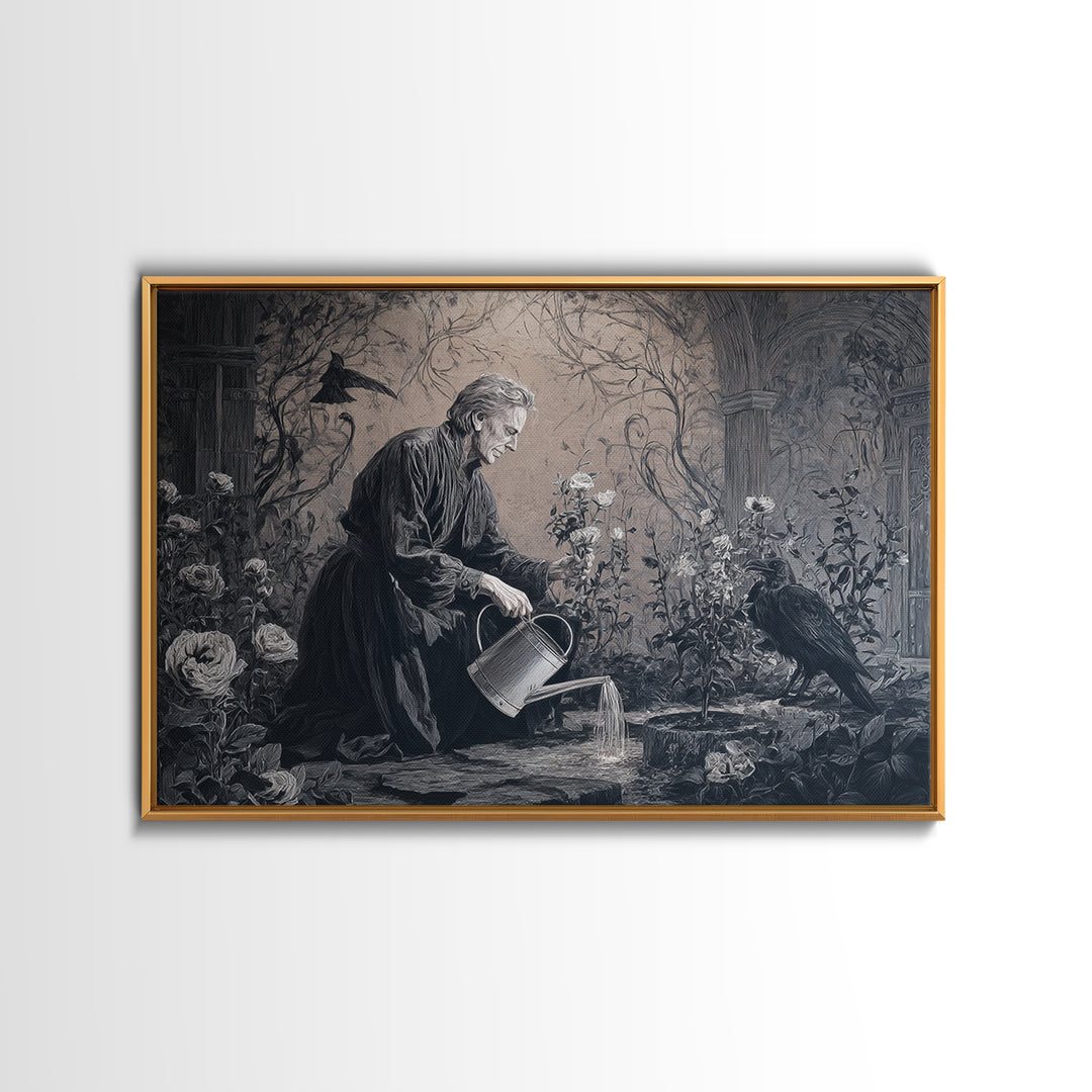 The Graveyard Gardener, Dark Symbolist Art, Landscape Wall Art, Dark Fantasy Wall Art, Framed Canvas Print, Halloween Wall Art