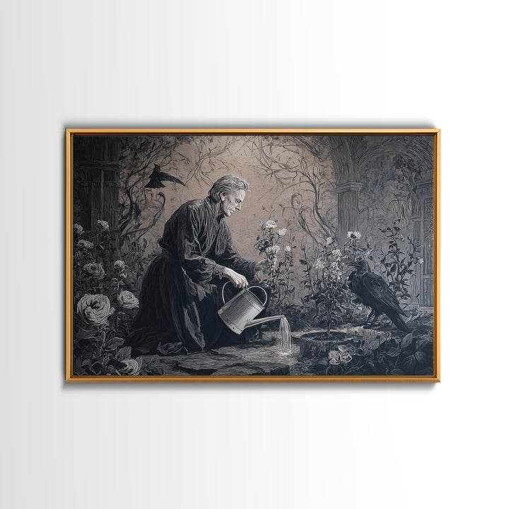 The Graveyard Gardener, Dark Symbolist Art, Landscape Wall Art, Dark Fantasy Wall Art, Framed Canvas Print, Halloween Wall Art