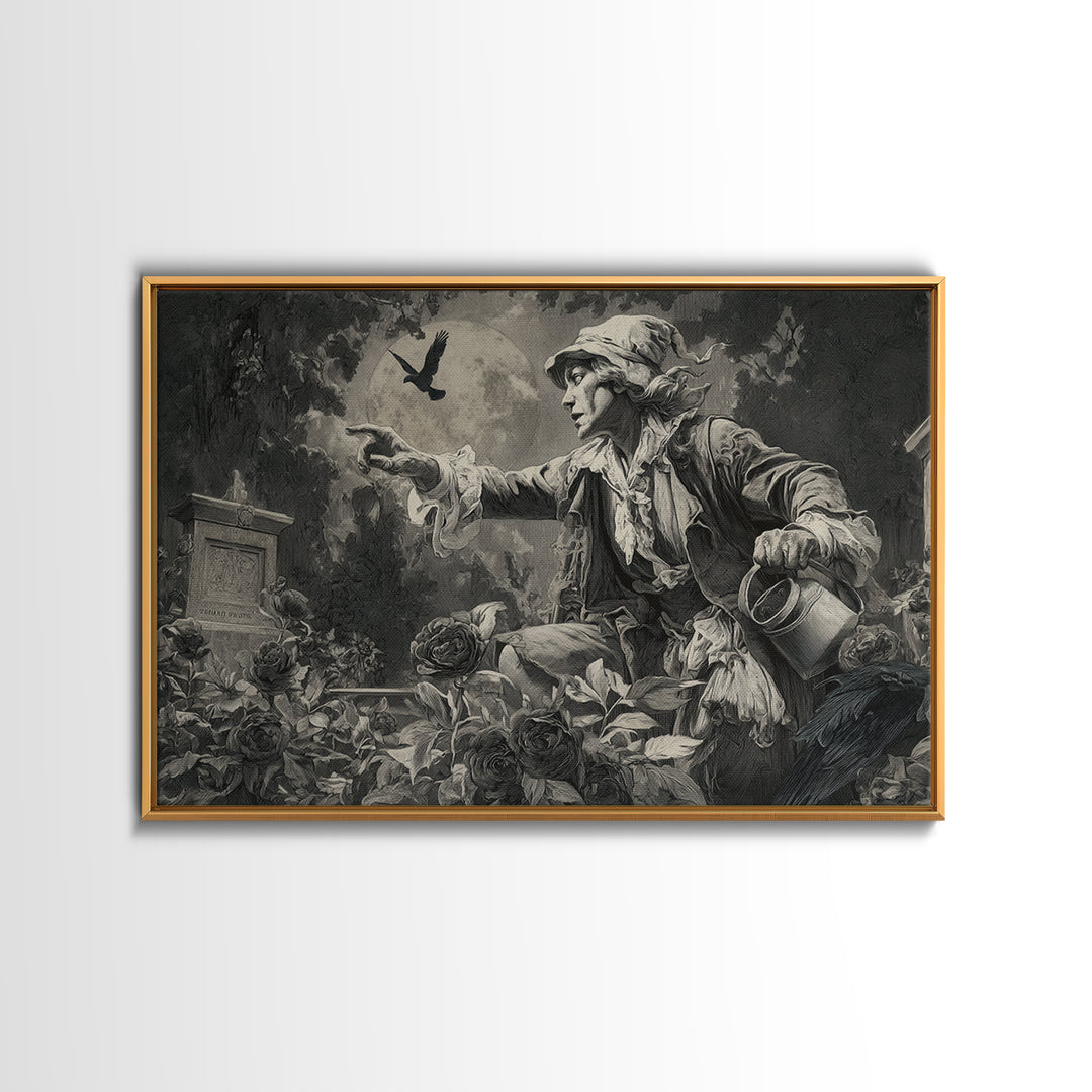 The Graveyard Gardener, Symbolist Etching Art, Landscape Wall Art, Dark Halloween Decor, Canvas Print, Halloween Wall Art