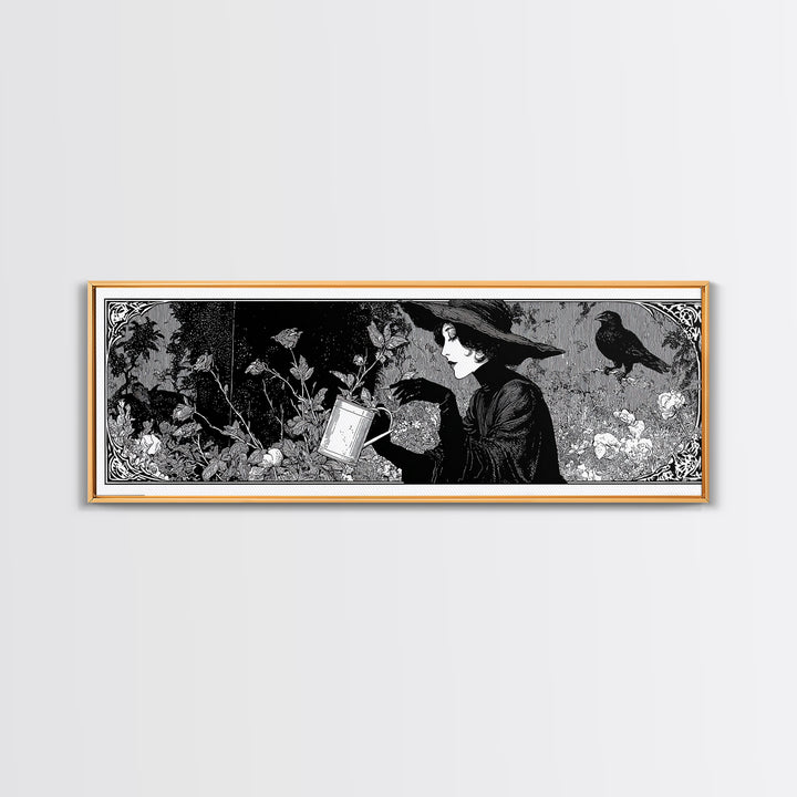 The Graveyard Gardener, Decadent Line Art, Extra Wide Wall Art, Gothic Horror Wall Art, Framed Canvas Print, Halloween Wall Art