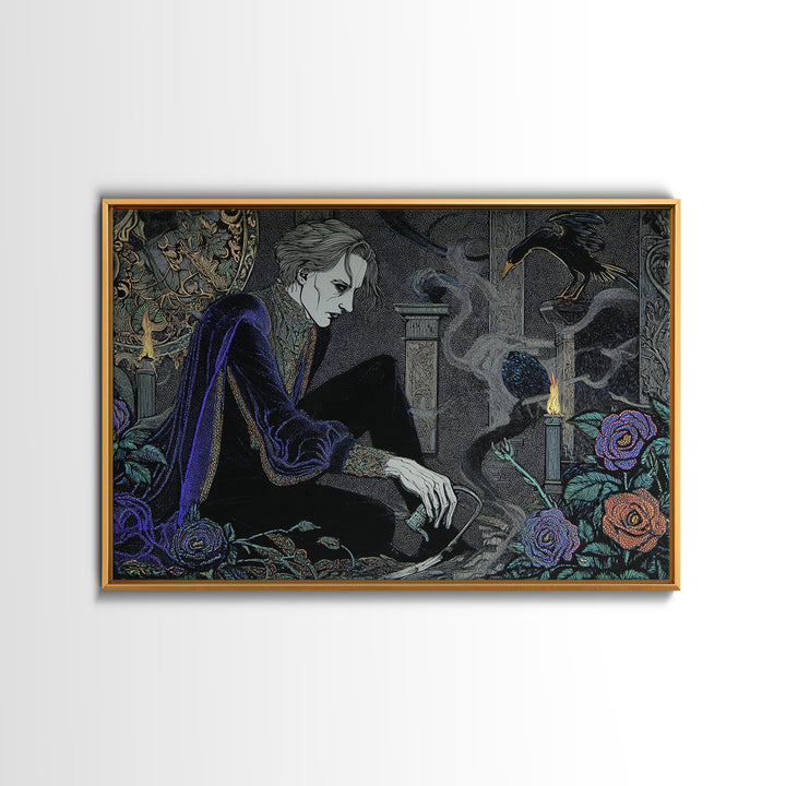 The Graveyard Gardener, Stained Glass Gothic Art, Landscape Wall Art, Macabre Wall Art, Framed Canvas Print, Halloween Wall Art