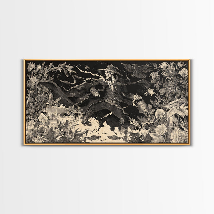 The Graveyard Gardener, Macabre Folk Print Art, Wide Panoramic Art, Macabre Wall Art, Framed Canvas Print, Halloween Wall Art