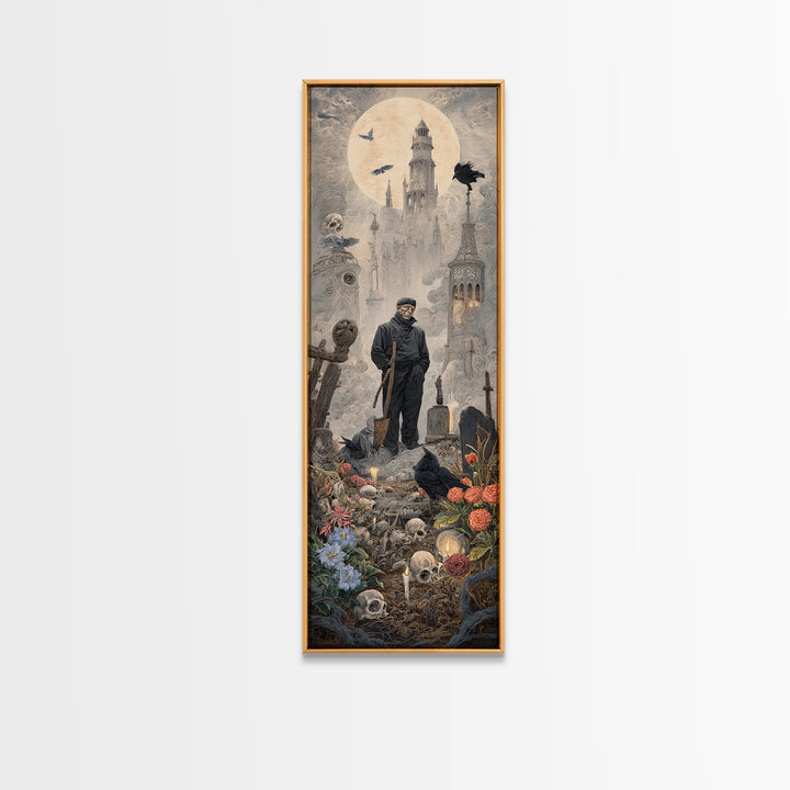 The Graveyard Gardener, Surreal Apocalyptic Art, Tall Narrow Wall Art, Dark Halloween Decor, Canvas Print, Halloween Wall Art
