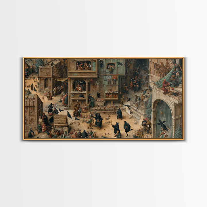 The Crow-Masked Assassin, Northern Renaissance Horror, Wide Panoramic Art, Macabre Wall Art, Framed Canvas Print