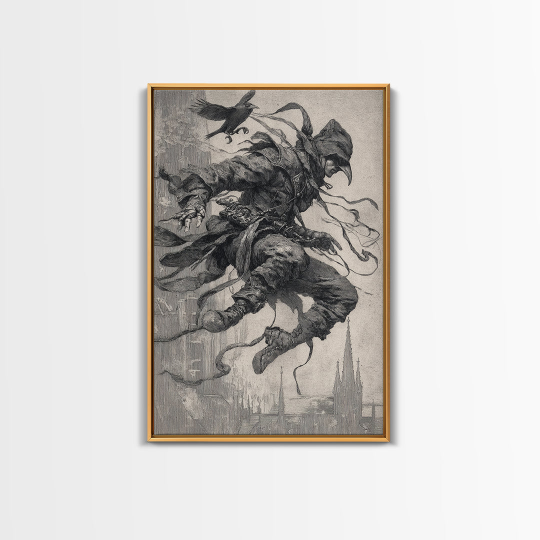 The Crow-Masked Assassin, Symbolist Etching Art, Vertical Wall Art, Dark Halloween Decor, Canvas Print, Halloween Wall Art