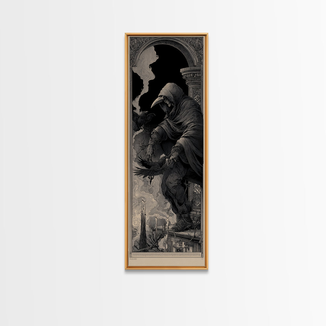 The Crow-Masked Assassin, Biomechanical Horror Art, Tall Narrow Wall Art, Macabre Wall Art, Canvas Print, Halloween Wall Art