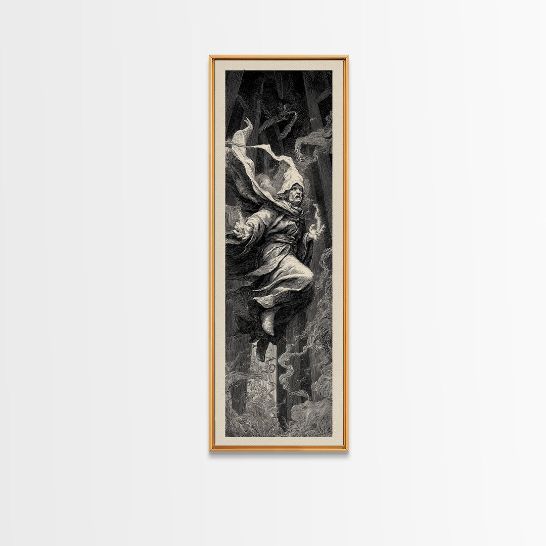 The Lantern Mage, Gothic Engraving Art, Tall Narrow Wall Art, Macabre Wall Art, Framed Canvas Print, Halloween Wall Art