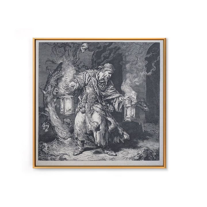 The Lantern Mage, Renaissance Engraving Art, Square Wall Art, Dark Halloween Decor, Canvas Print, Halloween Wall Art