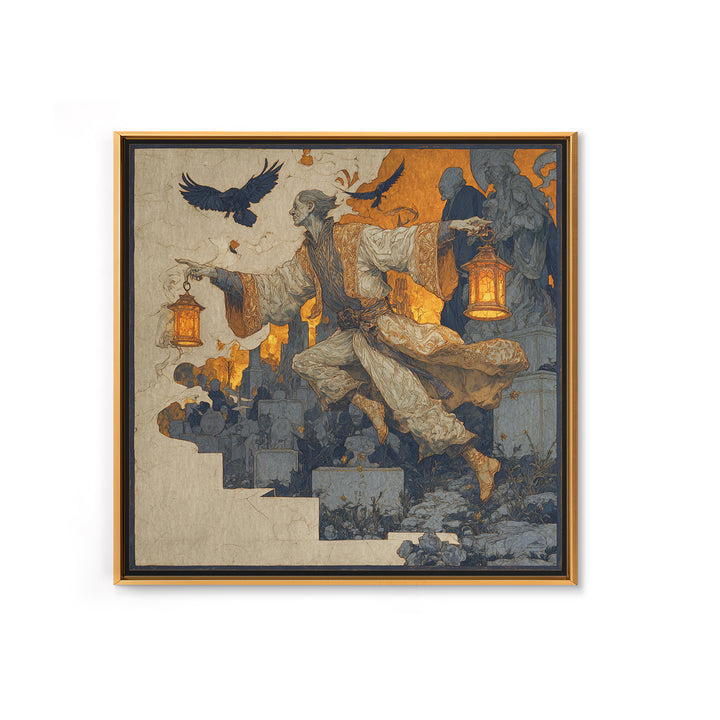 The Lantern Mage, Symbolist Death Art, Square Wall Art, Macabre Wall Art, Framed Canvas Print, Halloween Wall Art, Halloween Decor