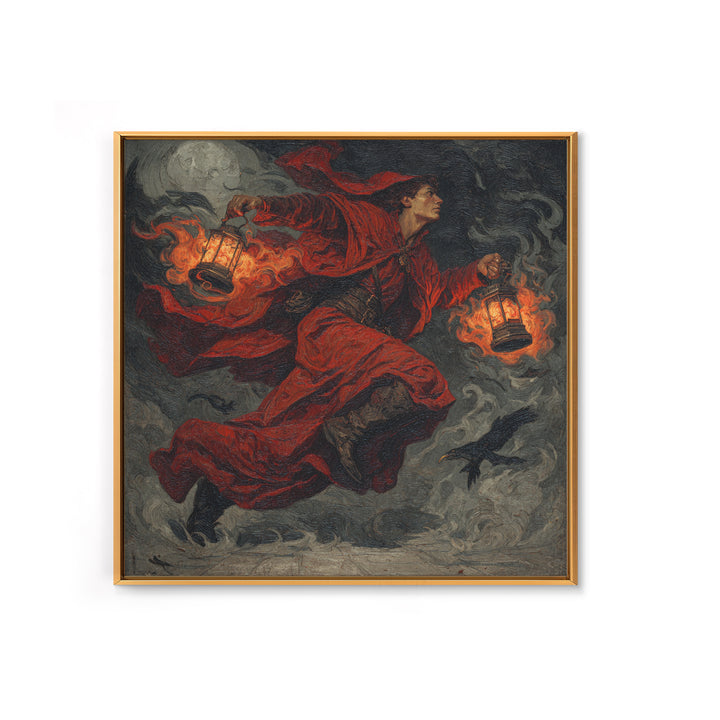 The Lantern Mage, Dark Symbolist Art, Square Wall Art, Dark Halloween Decor, Framed Canvas Print, Halloween Wall Art