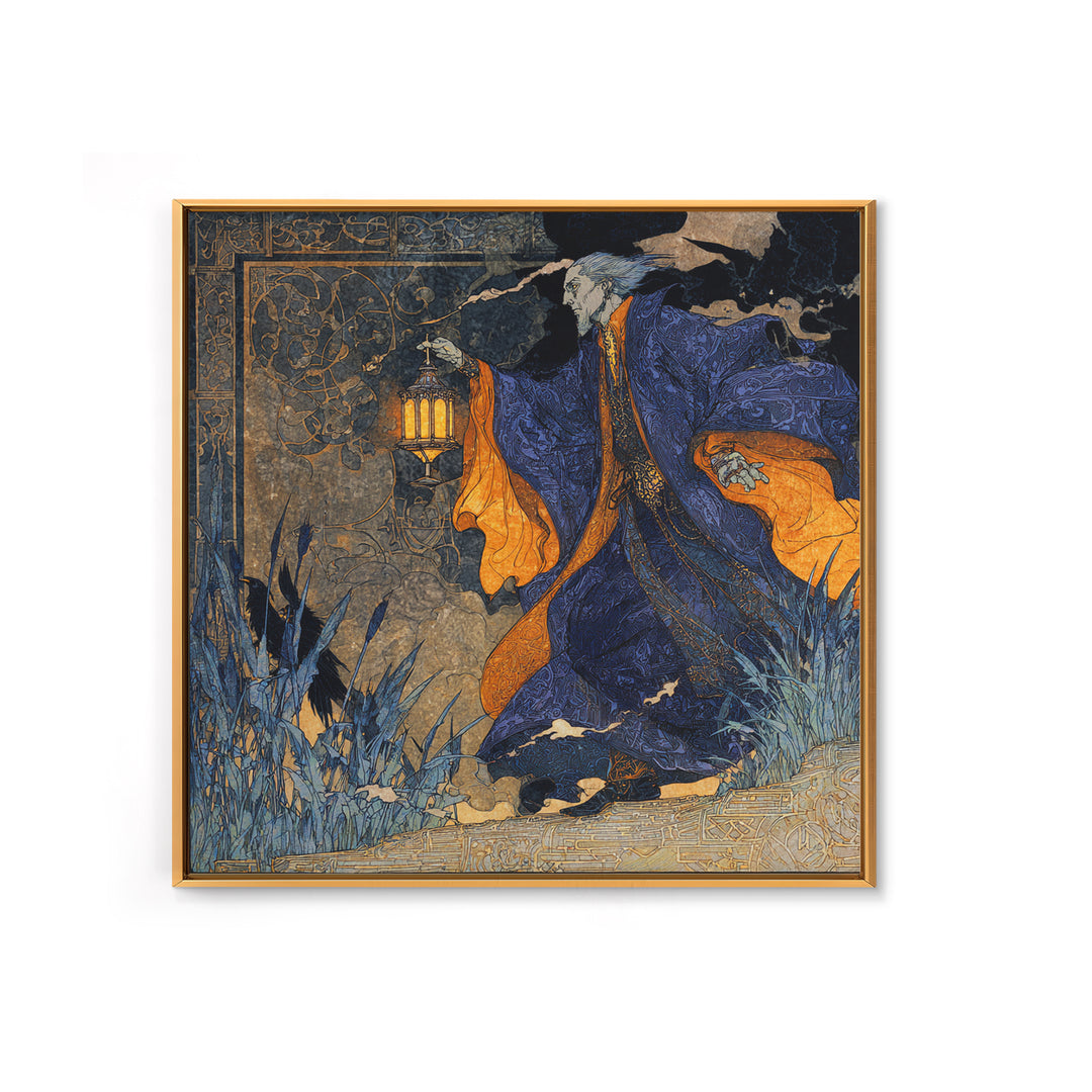 The Lantern Mage, Stained Glass Gothic Art, Square Wall Art, Dark Halloween Decor, Canvas Print, Halloween Wall Art, Gothic Home Decor