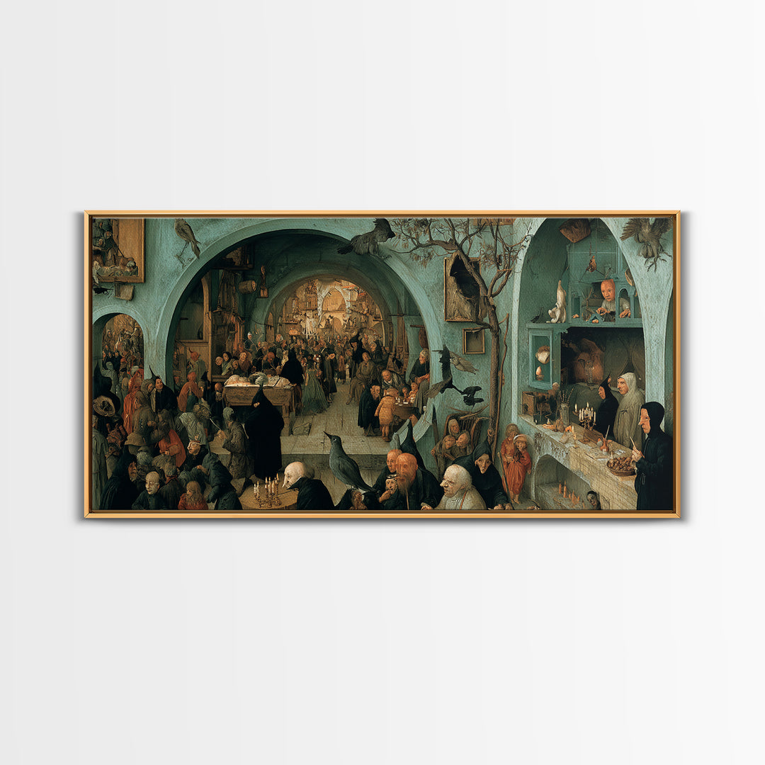 The Dream Eater, Northern Renaissance Horror, Wide Panoramic Art, Dark Halloween Decor, Framed Canvas Print, Halloween Wall Art