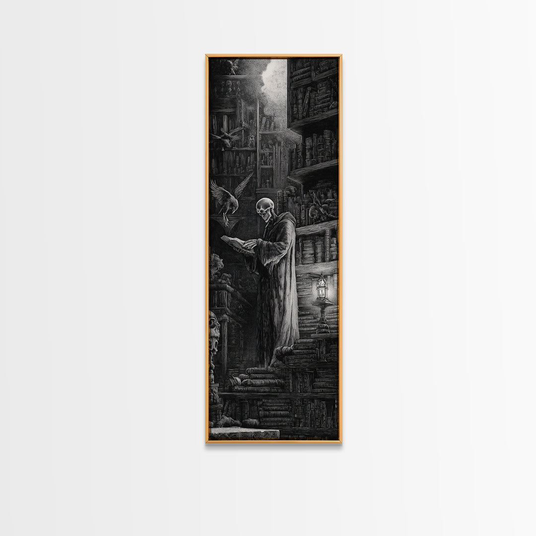 The Crypt Librarian, Gothic Engraving Art, Tall Narrow Wall Art, Gothic Horror Wall Art, Canvas Print, Halloween Wall Art